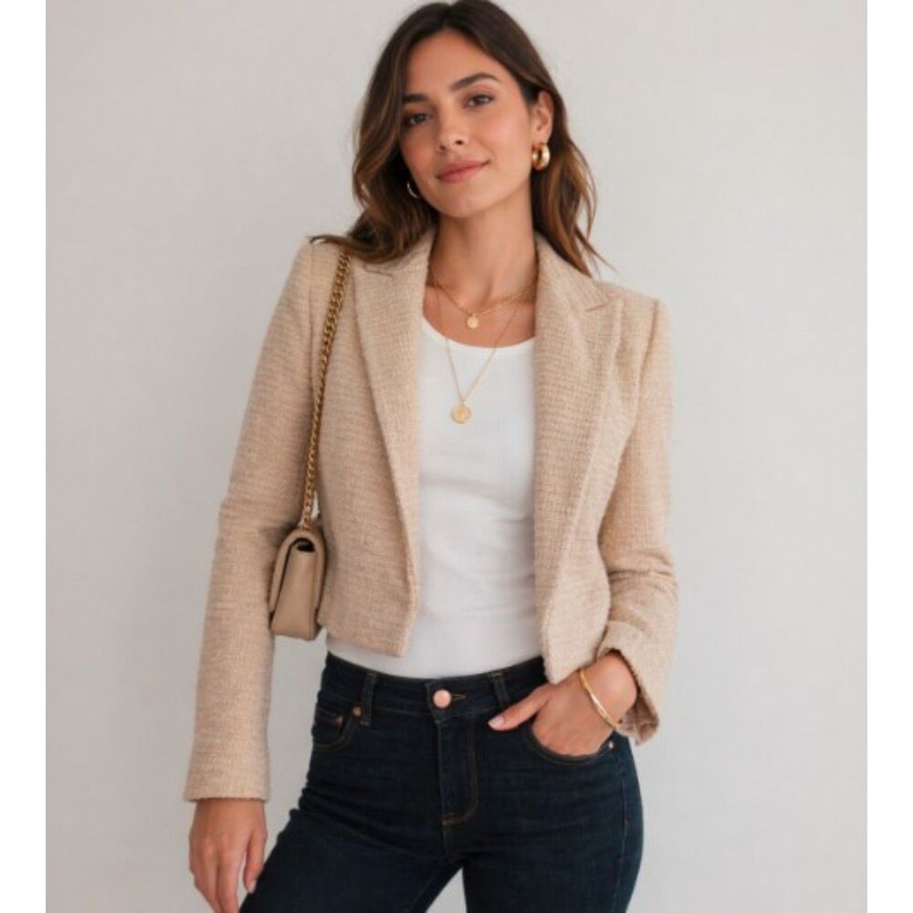 ZARA TEXTURED CROP BLAZER BISCUIT - REF 2010/721 M NEW